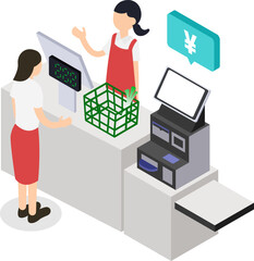 スーパーマーケットでの買い物客と店員レジとセミセルフレジレジのアイソメトリックイラスト