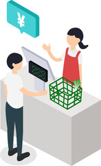 スーパーマーケットでの買い物客（男性）と店員のレジ風景イラスト
