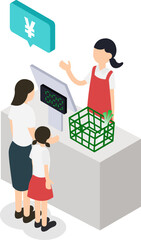 スーパーマーケットでの買い物客（子供連れ）と店員のレジ風景イラスト