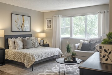 Fototapeta premium A simple studio apartment with clean furniture lines and a cohesive color scheme