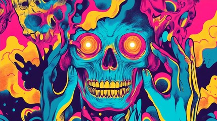 Vibrant Neon Skull Art Psychedelic Colorful Glowing Artwork