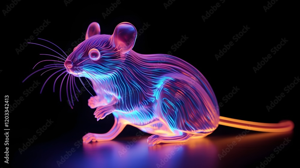 Poster fluorescent lab mouse with glowing markers observed under uv light for biomedical research and genet