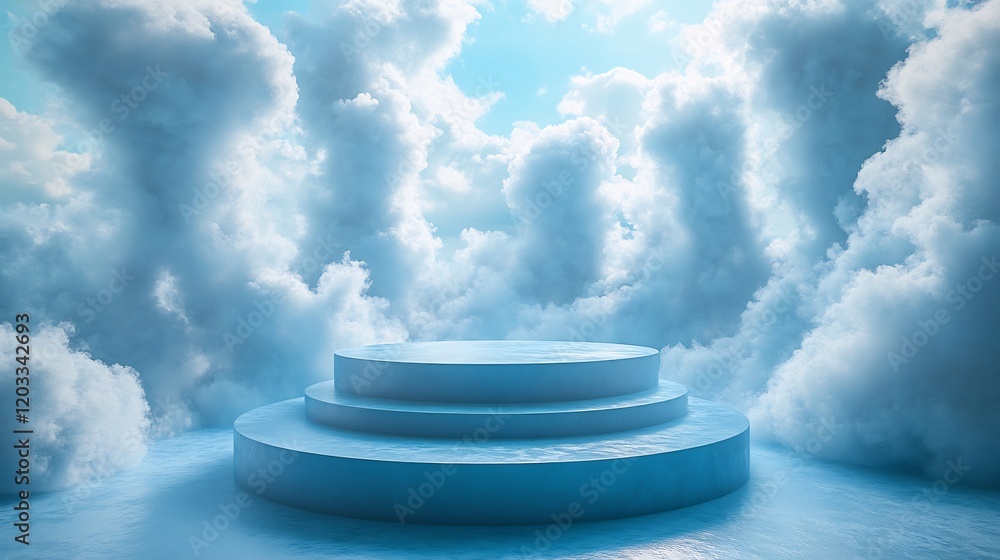 Poster sleek blue 3d podium with billowing clouds in the background perfect platform for showcasing luxury 