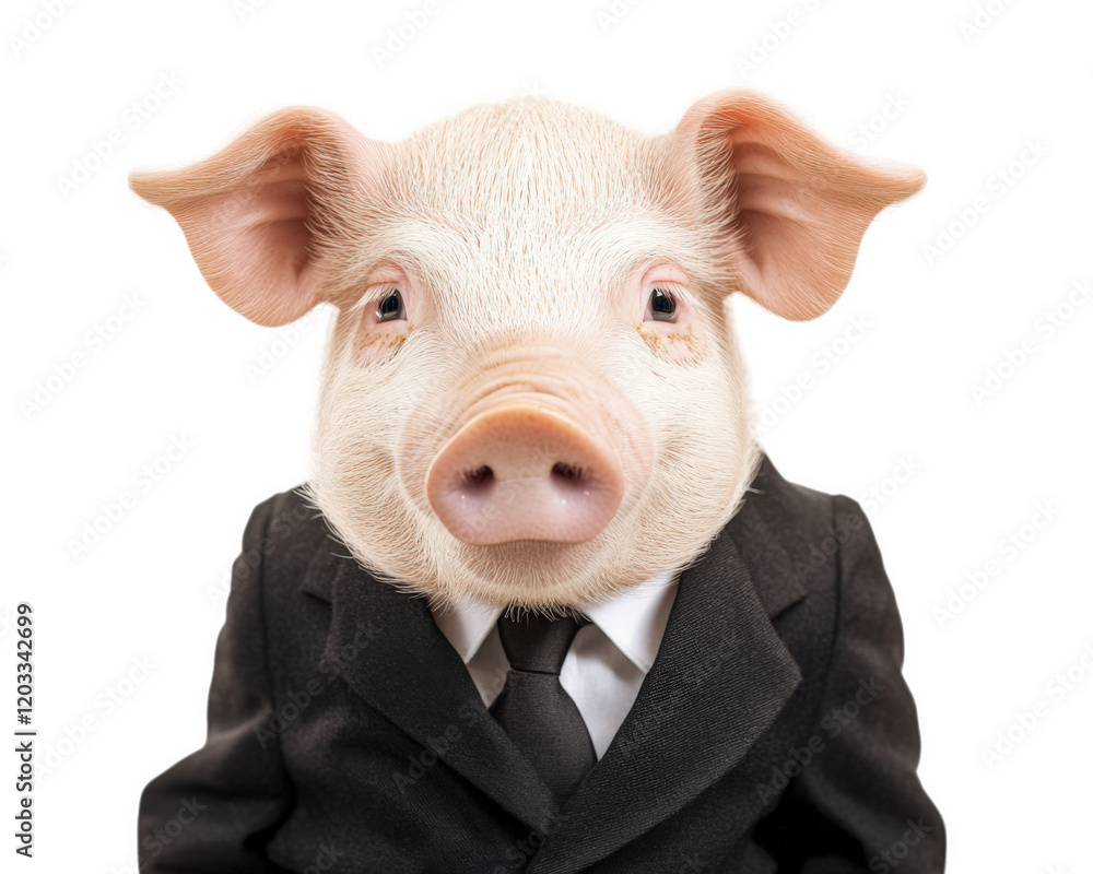 Poster pig wearing suit, isolated on transparency background, exudes humorous and whimsical charm. this uni