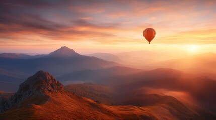 Fototapeta premium A hot air balloon flying over a mountain range at sunset