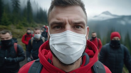 A man wearing a face mask in front of a group of people