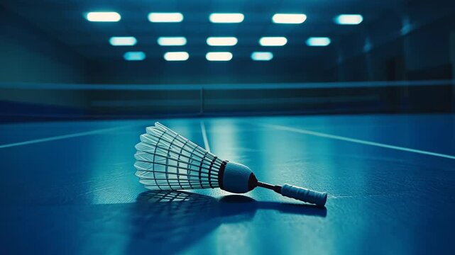 Badminton shuttlecock resting on court surface after an intense game in a well-lit indoor sports facility