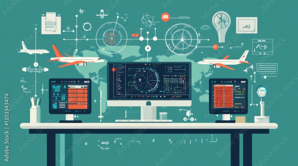 Poster modern aviation control room with monitors displaying flight data and global maps, showcasing techno