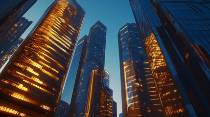 Obraz premium Night cityscape close-up of illuminated modern glass skyscrapers