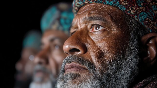 Elderly Omani man with a grey beard wearing a traditional embroidered kumma cap looks forward thoughtfully during a night event.