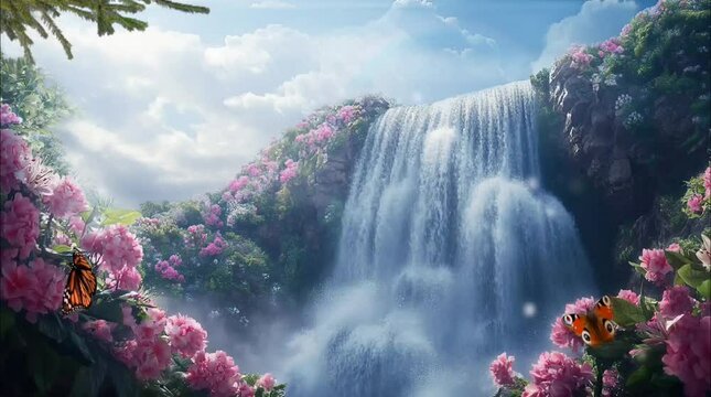 Majestic waterfall with vibrant wildflowers and butterflies in a scenic meadow. Nature and tranquility concept. Seamless loop video background