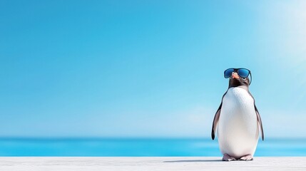 A penguin wearing sunglasses standing on a wooden surface