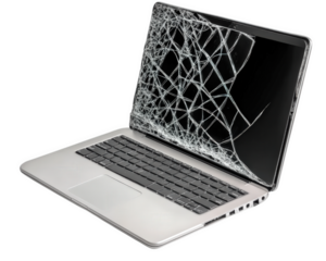 broken laptop with cracked screen isolated on transparency background, showcasing its damaged state. This highlights fragility of technology and need for careful handling