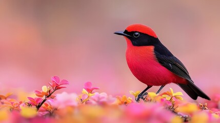Obraz premium A red and black bird sitting on top of a flower