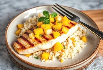 Grilled Fish with Mango Salsa and Rice - Delicious and Healthy Meal. Close-up of a plate featuring a grilled fish fillet topped with a vibrant mango salsa