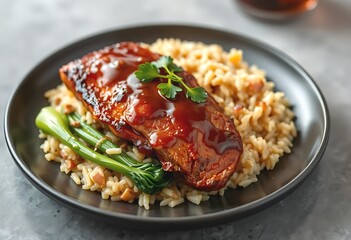Deliciously glazed BBQ chicken over rice with Bok Choy. Close-up of a plate of BBQ chicken over a bed of fluffy rice garnished with fresh parsley and green bok choy