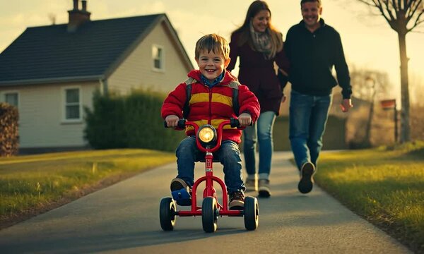 Happy family enjoying an evening stroll as their young child rides a red tricycle
