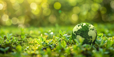 A small globe made of greenery placed on soft grass symbolizes global environmental awareness and sustainability