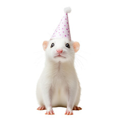 White rat wearing pink party hat celebrating birthday with decorations joyful animal in festive atmosphere.