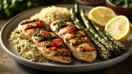 Grilled chicken breast with quinoa and asparagus, a healthy and delicious meal