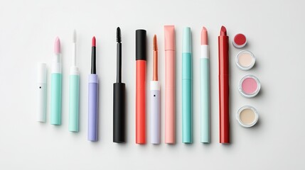 Naklejka premium Assorted beauty products: liquid eyeliner, colorful lipstick shades, powder brushes, and cream blush tubes arranged on white.