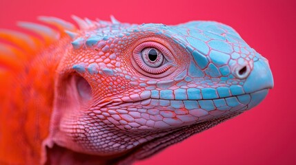  A close up of a red and blue iguana's face