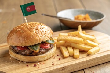 Close-up home-made beef burger with Bangladesh flag and fries on wooden table.