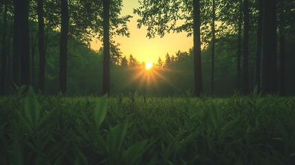Obraz premium Serene sunrise in a lush forest, with vibrant greenery and soft sunlight filtering through trees