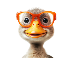 Funny duck wearing oversized orange glasses, smiling cheerfully, isolated on transparency background, perfect for humorous content and animal themed projects