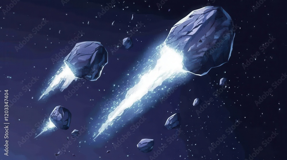 Poster dynamic scene of asteroids hurtling through space, emitting glowing trails against a starry backdrop