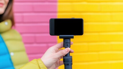 A vibrant travel vlogger recording a video in a scenic urban location, holding a smartphone with a gimbal