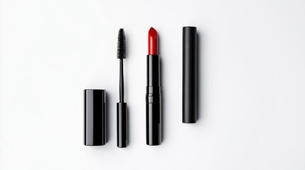 Beautiful makeup product composition: red lipstick, black mascara, liquid foundation, and soft brushes on a pure white background.
