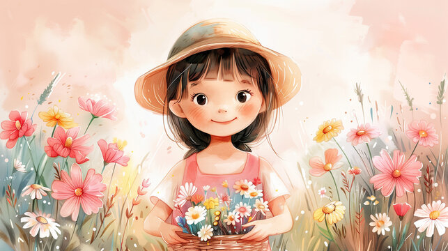 A cheerful girl in a straw hat holds a basket of colorful flowers, surrounded by a vibrant floral backdrop, capturing the essence of spring