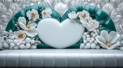 Romantic valentine heart arrangement elegant setting floral background soft colors sweet atmosphere