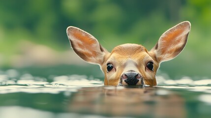 A deer is swimming in the water with its head above the water