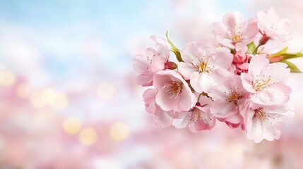 A bunch of pink flowers on a branch with a blue sky in the background