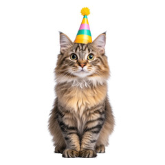 Cat wearing party hat celebrating birthday with colorful decorations and joyful atmosphere of fun and festivity.