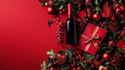 Wine, gift, and holiday decor on red background