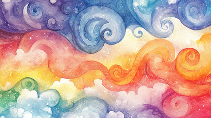 The image is an abstract watercolor painting featuring swirling, rainbow-colored clouds and waves, creating a vibrant and whimsical sky scene