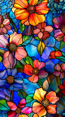Naklejka premium Stunning stained glass floral design with vibrant colors, perfect for adding elegance and beauty to any space