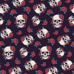 Pattern with roses and skulls.Vector seamless pattern with red roses and skulls on a colored background