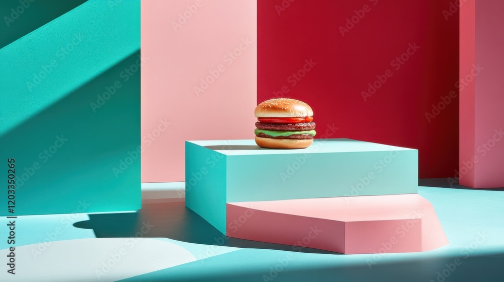 Poster vibrant burger presentation on colorful geometric backdrop with playful shadows and angles