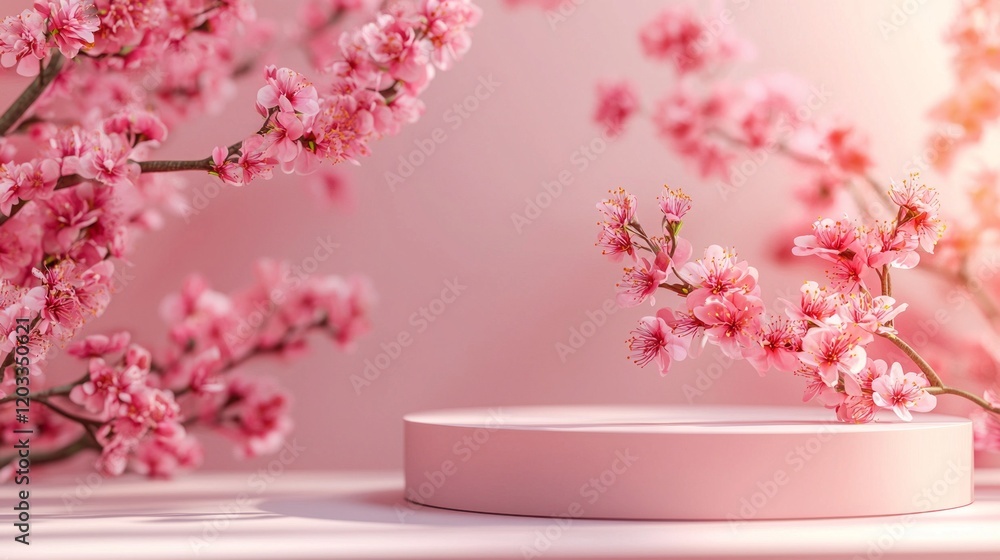 Poster a delicate podium is surrounded by blooming spring flowers, creating a harmonious blend of nature an