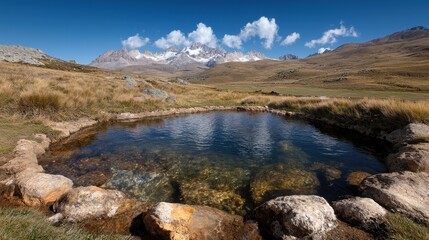Fototapeta premium A small pond in the middle of a grassy field with mountains in the background