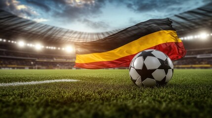 Fototapeta premium The German flag flowing dynamically above a football field, symbolizing the determination and pride of the Germany soccer team