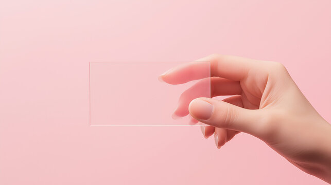 A hand holding a clear card with a pink background