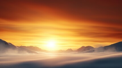 Obraz premium A sunset over a snowy landscape with mountains in the distance