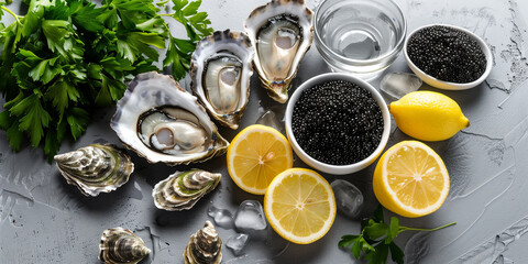 An elegant arrangement of oysters, caviar, and lemon on a textured surface, ideal for a luxurious dining experience