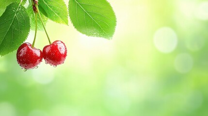 A couple of cherries hanging from a tree branch with water droplets