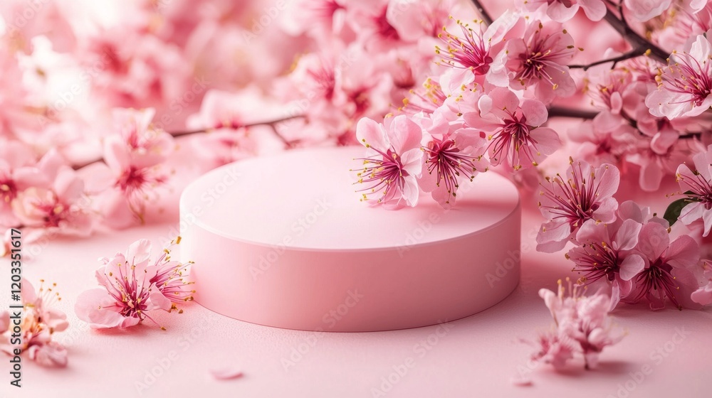 Poster a soft pink podium is surrounded by vibrant spring flowers, creating an inviting and tranquil settin